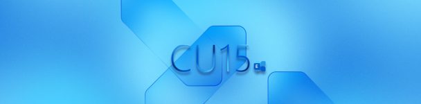 Grafik in Blautönen mit dem Text "CU15", daneben ein kleines Exchange Server Logo.